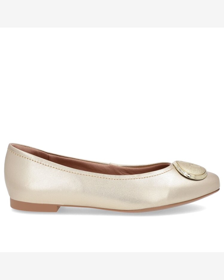 Sapatilha Couro Dourada Bico Redondo Enfeite Riachuelo
