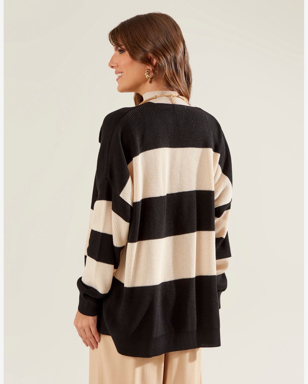 Riachuelo | Cardigan Tricot Listrado - Off White C/ Preto