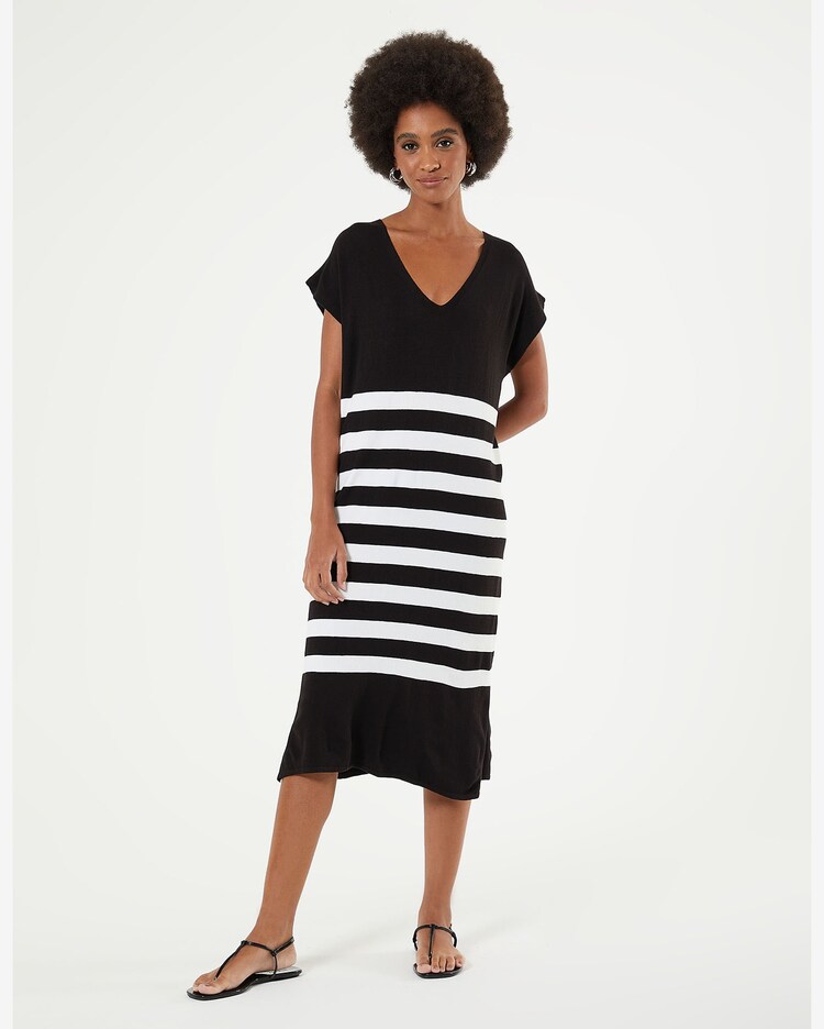 Riachuelo Vestido Midi Listras Tricot Preto e Branco