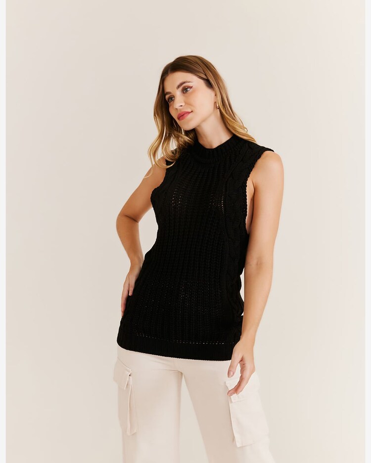 Riachuelo Colete Tricot Maxi Tramado Preto