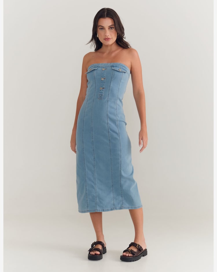 Vestido Jeans Tomara Que Caia Botoes Denim Claro