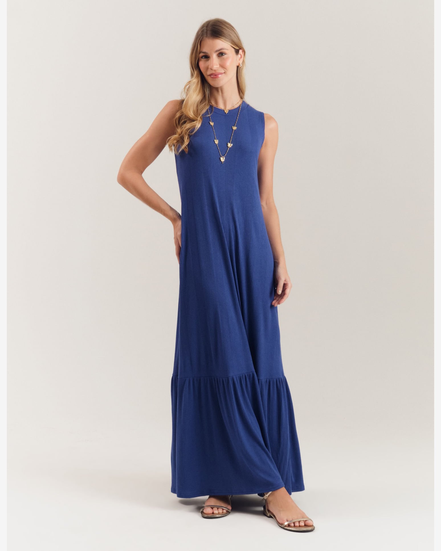 Riachuelo Vestido Longo Marias Decote Canoa Azul Royal