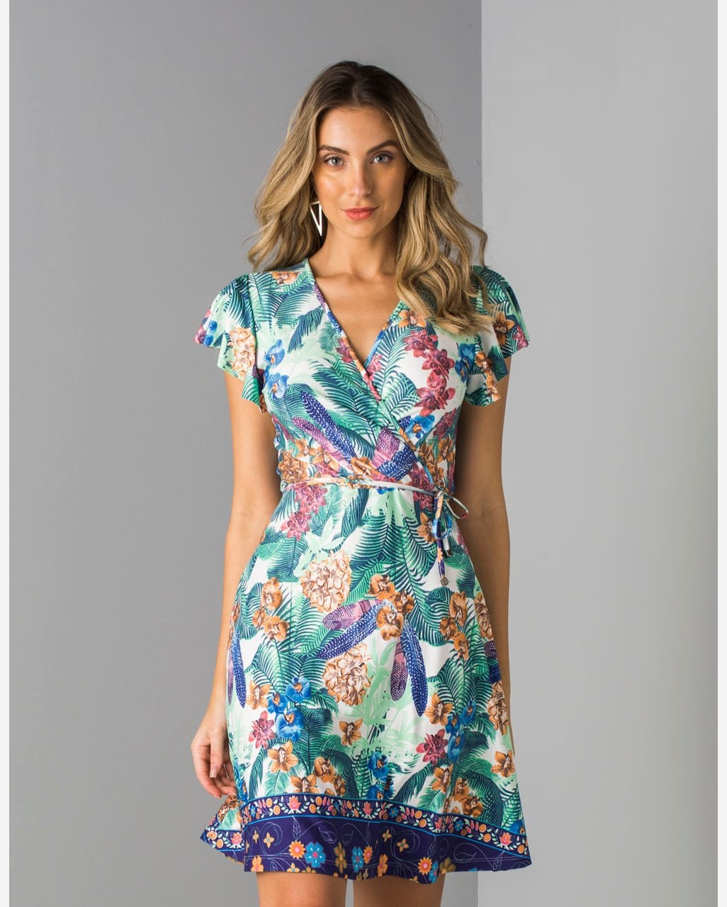 Riachuelo Vestido Sarah Médio Estampa Barrado Folhagem Barrado