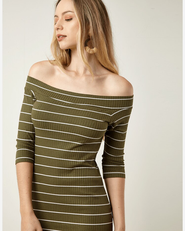 Riachuelo Vestido Ombro a Ombro Listra Color Militar