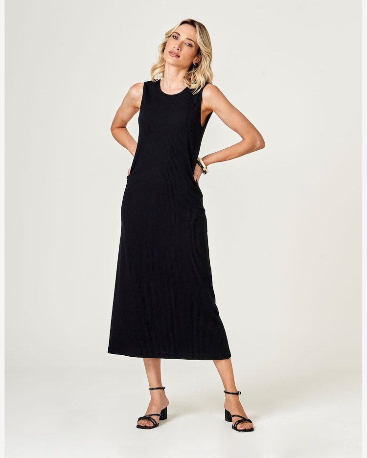 Riachuelo Vestido Canelado Midi Decote Preto