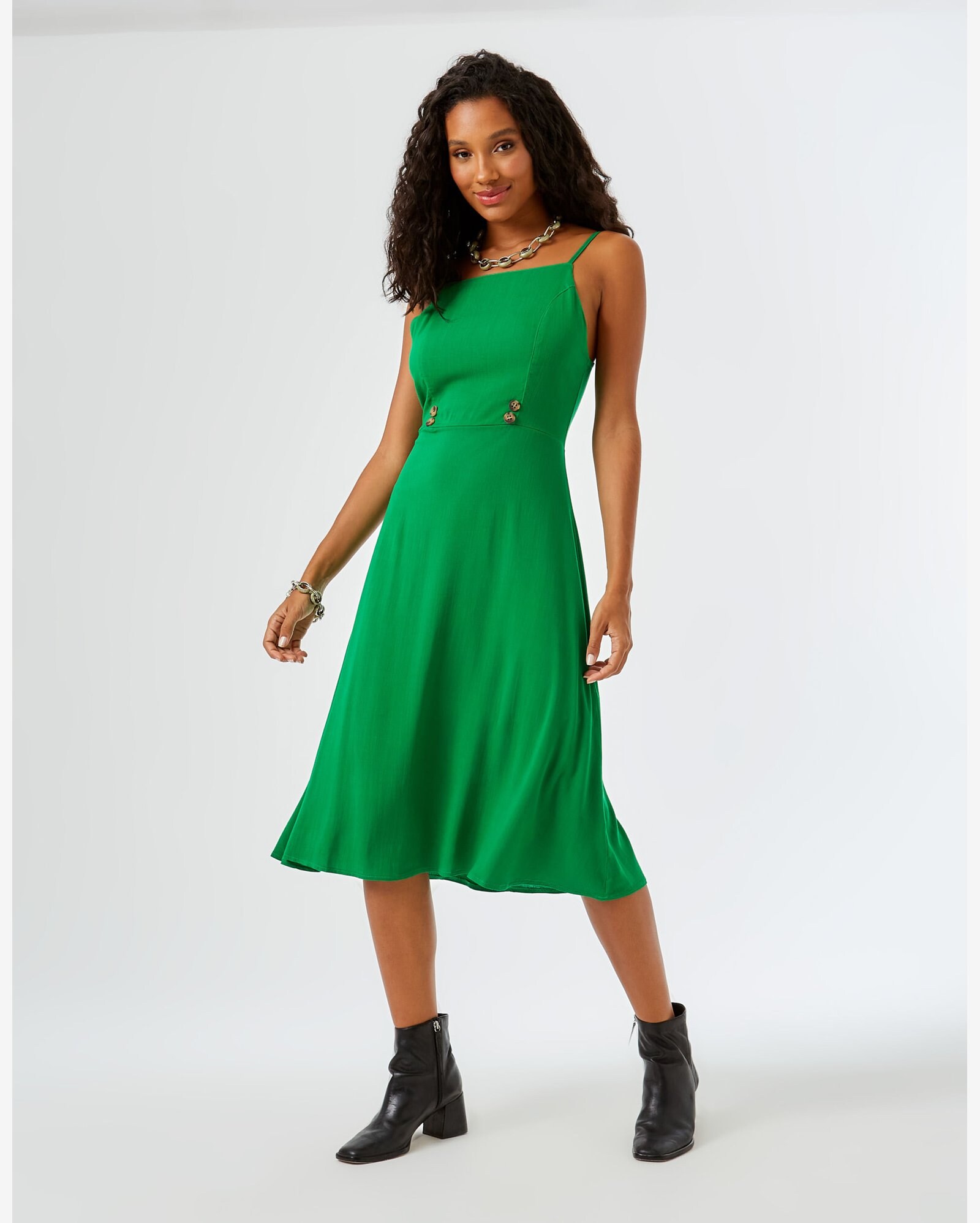 Riachuelo Vestido Midi Botões Color Verde Bandeira