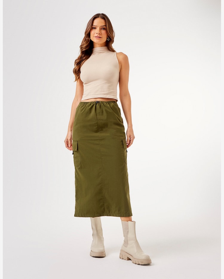 Riachuelo Saia Midi Bolsos Verde Militar